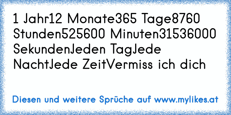 1 Jahr
12 Monate
365 Tage
8760 Stunden
525600 Minuten
31536000 Sekunden
Jeden Tag
Jede Nacht
Jede Zeit
Vermiss ich dich ♥
