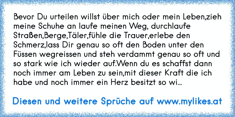 Bevor Du urteilen willst über mich oder mein Leben,zieh meine Schuhe an laufe meinen Weg, durchlaufe Straßen,Berge,Täler,fühle die Trauer,erlebe den Schmerz,lass Dir genau so oft den Boden unter den Füssen wegreissen und steh verdammt genau so oft und so stark wie ich wieder auf.Wenn du es schaffst dann noch immer am Leben zu sein,mit dieser Kra...