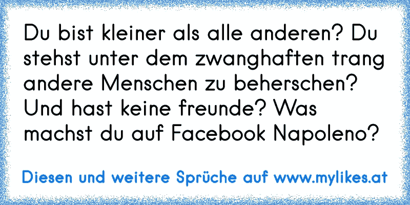 Du bist kleiner als alle anderen? Du stehst unter dem zwanghaften trang andere Menschen zu beherschen? Und hast keine freunde? Was machst du auf Facebook Napoleno?
