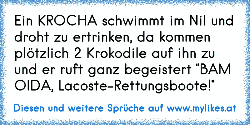 Ein KROCHA schwimmt im Nil und droht zu ertrinken, da kommen plötzlich 2 Krokodile auf ihn zu und er ruft ganz begeistert "BAM OIDA, Lacoste-Rettungsboote!"
