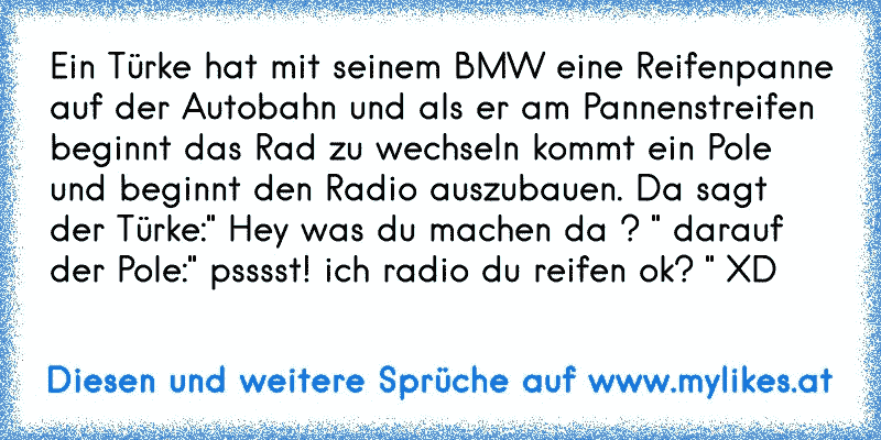 Ein Türke hat mit seinem BMW eine Reifenpanne auf der Autobahn und als er am Pannenstreifen beginnt das Rad zu wechseln kommt ein Pole und beginnt den Radio auszubauen. Da sagt der Türke:" Hey was du machen da ? " darauf der Pole:" psssst! ich radio du reifen ok? " XD
