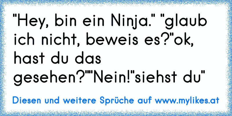 "Hey, bin ein Ninja." "glaub ich nicht, beweis es?"ok, hast du das gesehen?""Nein!"siehst du"
