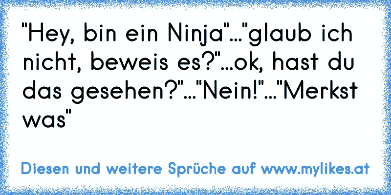 "Hey, bin ein Ninja"..."glaub ich nicht, beweis es?"...ok, hast du das gesehen?"..."Nein!"..."Merkst was"
