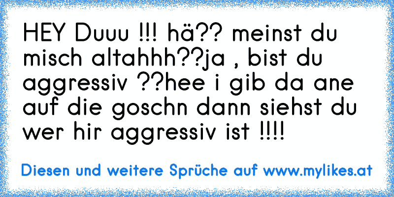 HEY Duuu !!! 
hä?? meinst du misch altahhh??
ja , bist du aggressiv ??
hee i gib da ane auf die goschn dann siehst du wer hir aggressiv ist !!!!
