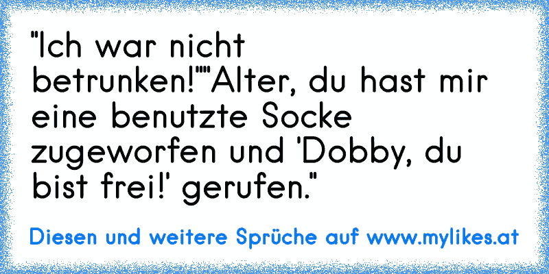 "Ich war nicht betrunken!"
"Alter, du hast mir eine benutzte Socke zugeworfen und 'Dobby, du bist frei!' gerufen."
