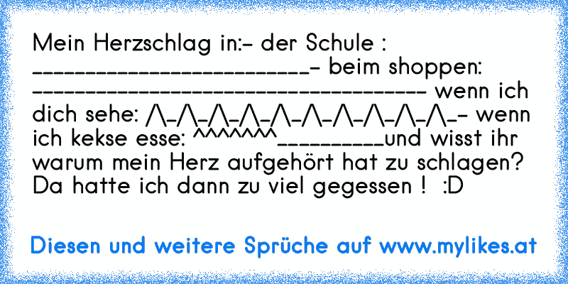 Mein Herzschlag in:
- der Schule : __________________________
- beim shoppen: ------------------------------------
- wenn ich dich sehe: /\_/\_/\_/\_/\_/\_/\_/\_/\_/\_
- wenn ich kekse esse: ^^^^^^^__________
und wisst ihr warum mein Herz aufgehört hat zu schlagen? Da hatte ich dann zu viel gegessen !  
:D
