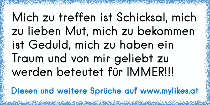 Mich zu treffen ist Schicksal, mich zu lieben Mut, mich zu bekommen ist Geduld, mich zu haben ein Traum und von mir geliebt zu werden beteutet für IMMER!!!
