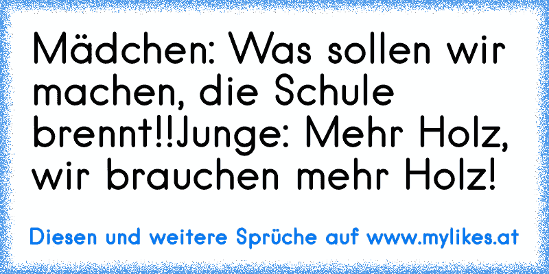 Mädchen: Was sollen wir machen, die Schule brennt!!
Junge: Mehr Holz, wir brauchen mehr Holz!
