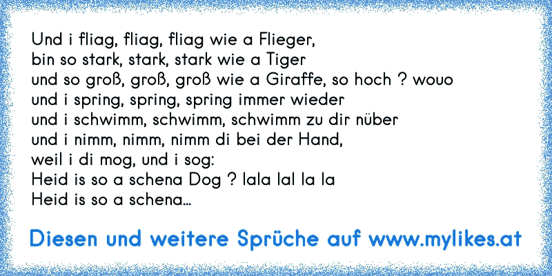 Und i fliag, fliag, fliag wie a Flieger,
bin so stark, stark, stark wie a Tiger
und so groß, groß, groß wie a Giraffe, so hoch ? wouo
und i spring, spring, spring immer wieder
und i schwimm, schwimm, schwimm zu dir nüber
und i nimm, nimm, nimm di bei der Hand,
weil i di mog, und i sog:
Heid is so a schena Dog ? lala lal la la
Heid is so a schena...