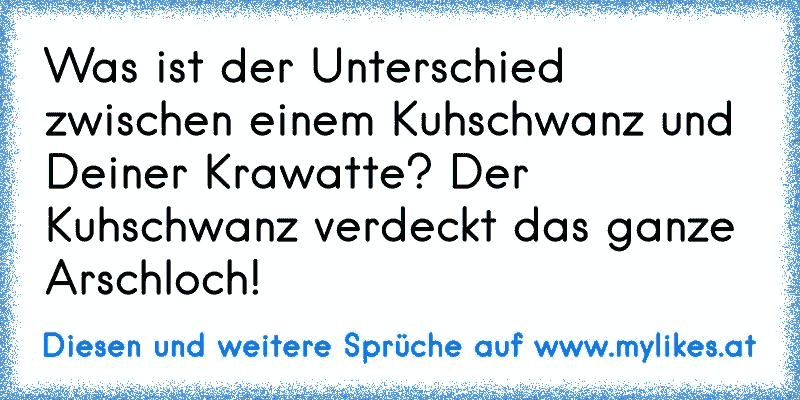 Was ist der Unterschied zwischen einem Kuhschwanz und Deiner Krawatte? Der Kuhschwanz verdeckt das ganze Arschloch!
